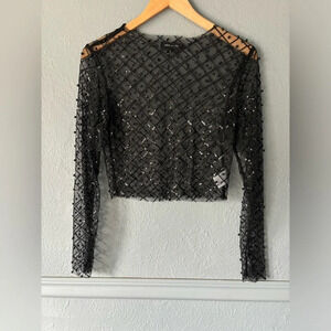 French Kiss | mesh | bead | geometric | long sleeve | crop | top | nwot | large